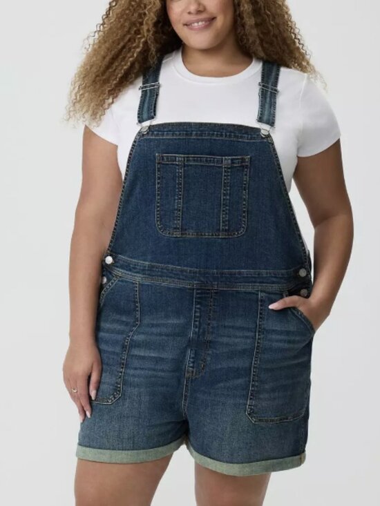 torrid Denim - Torrid 14 Relaxed Denim Short Overalls Relaxed Fit Med Wash Cotton Linen Blend